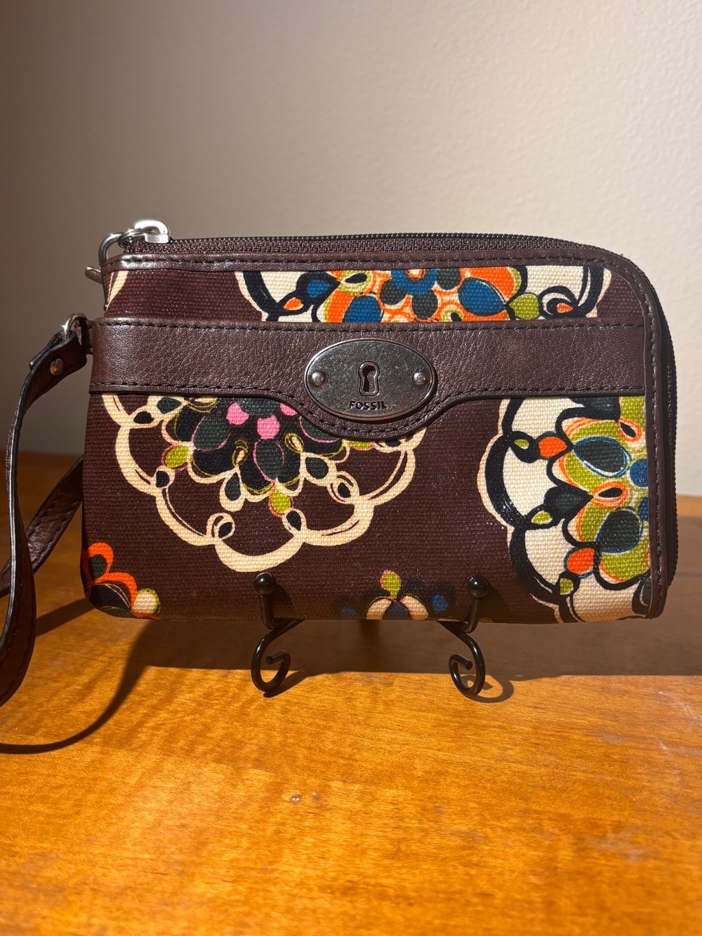 Fossil Brown Floral Canvas Zip Wristlet with Multicolor Accents